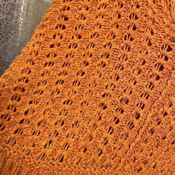 Free People Best Of You Sunset Orange Open Knit V Neck Sweater Medium - Picture 5 of 9